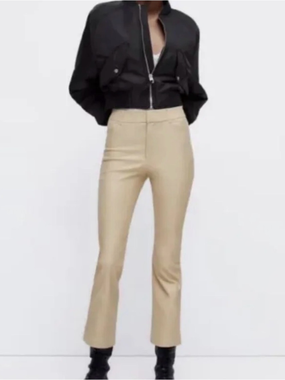 Faux Leather Light Khaki Mini Flare Pants